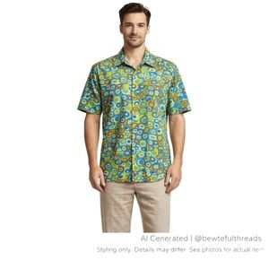 Dragonfly Clothing Company Large Blue Abstract Retro ShortSleeve Button-Up Shirt